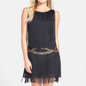 Ark & Co. Size Small Black Fringe Flapper‎ Dress with Sequin Gold Waistband
